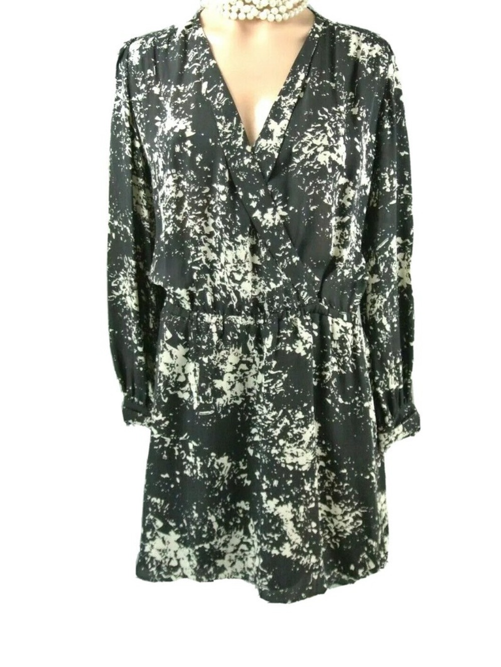 Parker Black and Cream Long Sleeve Printed Wrap Dress